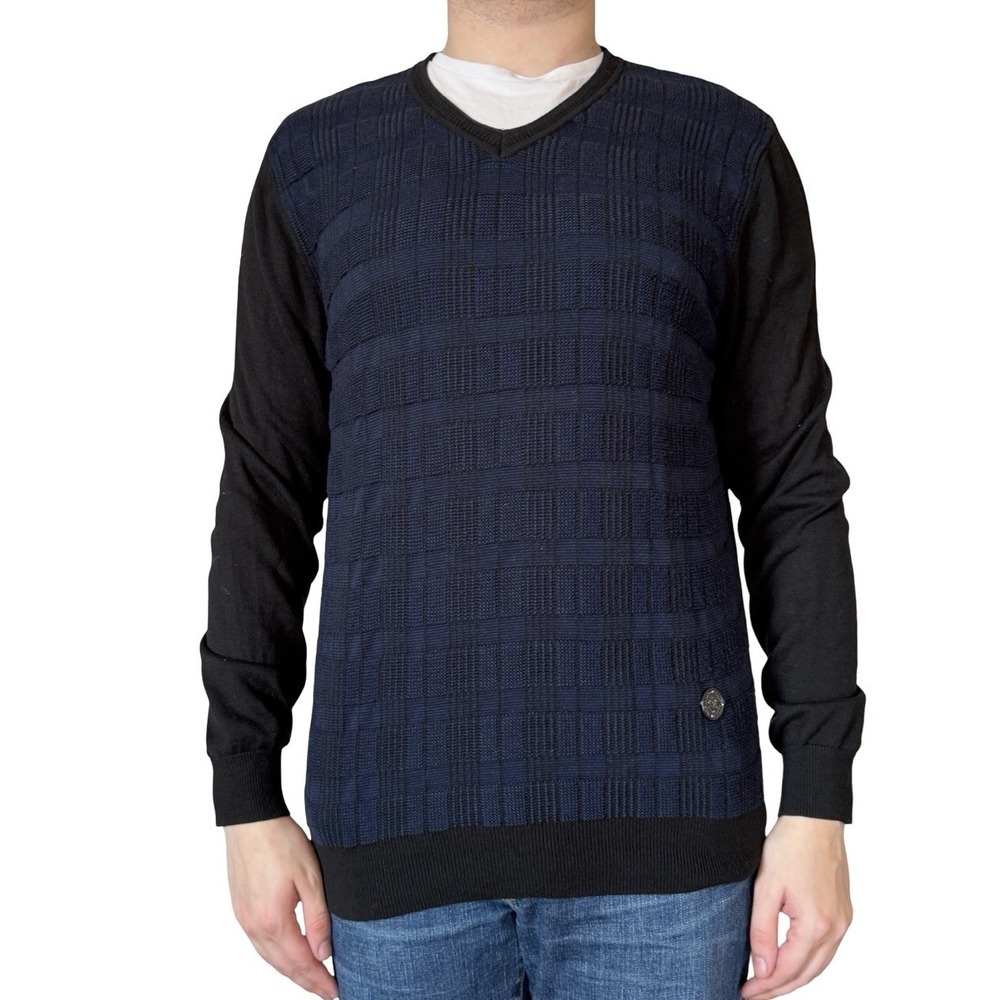 Men's Balmain Paris Blue Black Cotton Textured  Knit Sweater  V Neck  Medium